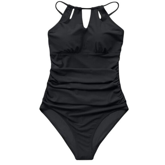 Cupshe Women Black 1 Piece Swimsuit Large High Neck Cutout Ruched Tummy Control - Picture 3 of 8